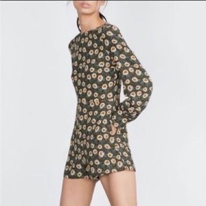 ZARA Long Sleeve Floral Print Romper with Pockets Green Jumpsuit Sz XS